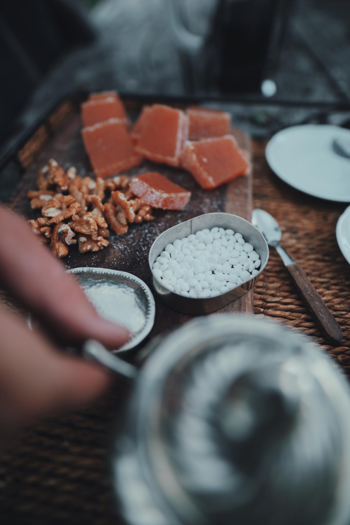 Close-up of artisanal ingredients on a marble surface
